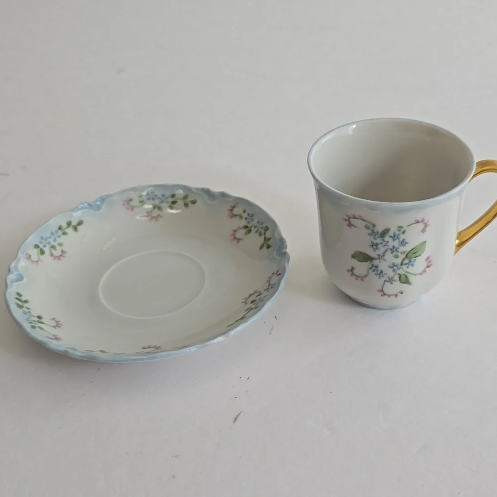 Vintage Set Of 2 Demitasse Cup Saucer Bavaria Hutschenreuther China "Blue Rock" - Picture 8 of 11
